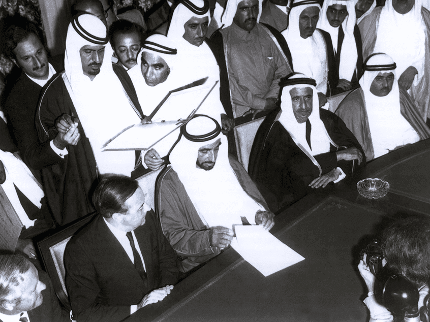 Sheikh Zayed terminating the Special Treaty Relations between the UK and Abu Dhabi, 1971.